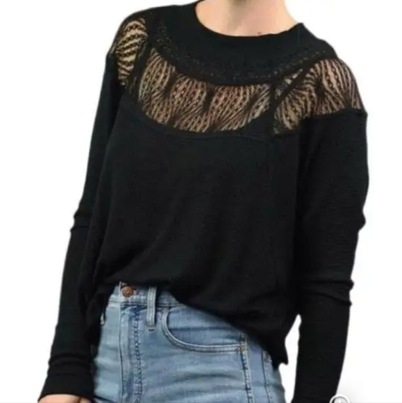 Free People Black Waffle Thermal Lace Neck Top - Picture 14 of 15
